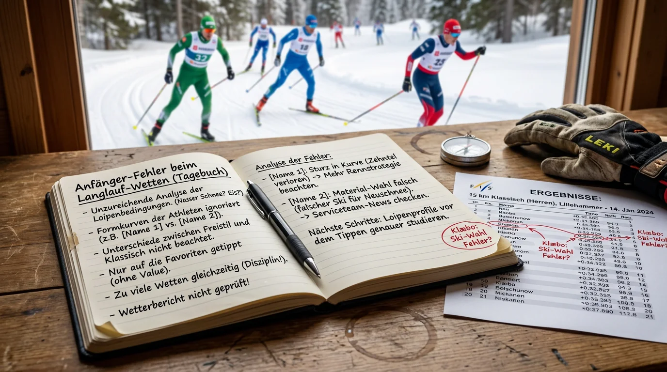 Notizbuch mit Wettanalyse und typischen Anfängerfehlern bei Langlauf-Wetten