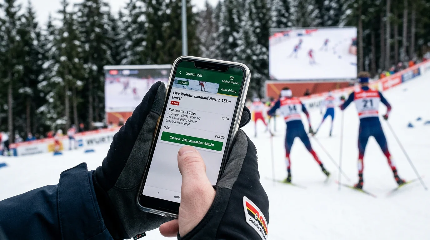 Cashout-Button auf einem Wettschirm während eines Langlauf-Rennens