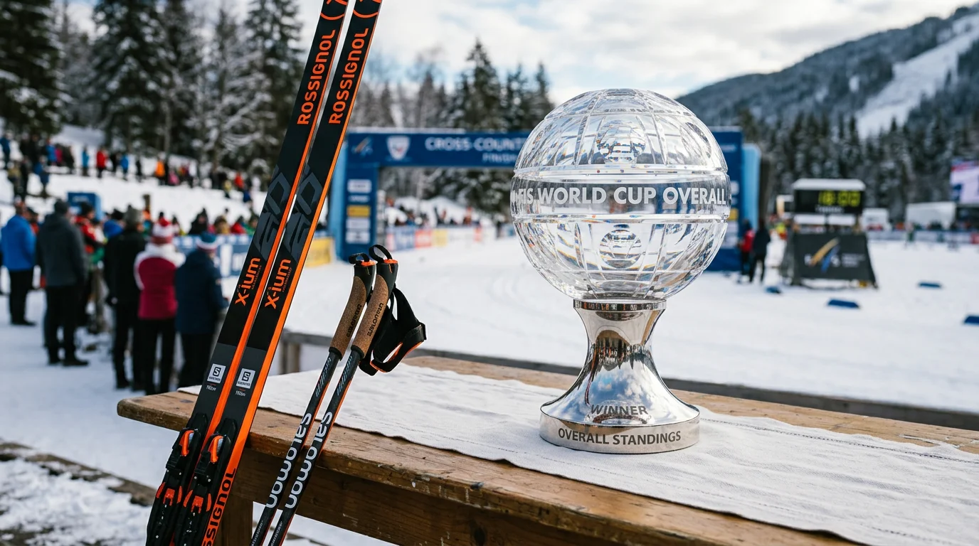 Gesamtweltcup-Trophäe im Skilanglauf als Symbol für Langzeitwetten