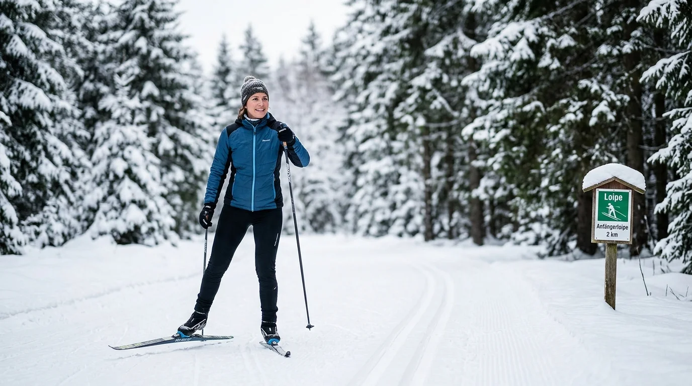 Einsteiger auf einer präparierten Langlauf-Loipe im Winterwald