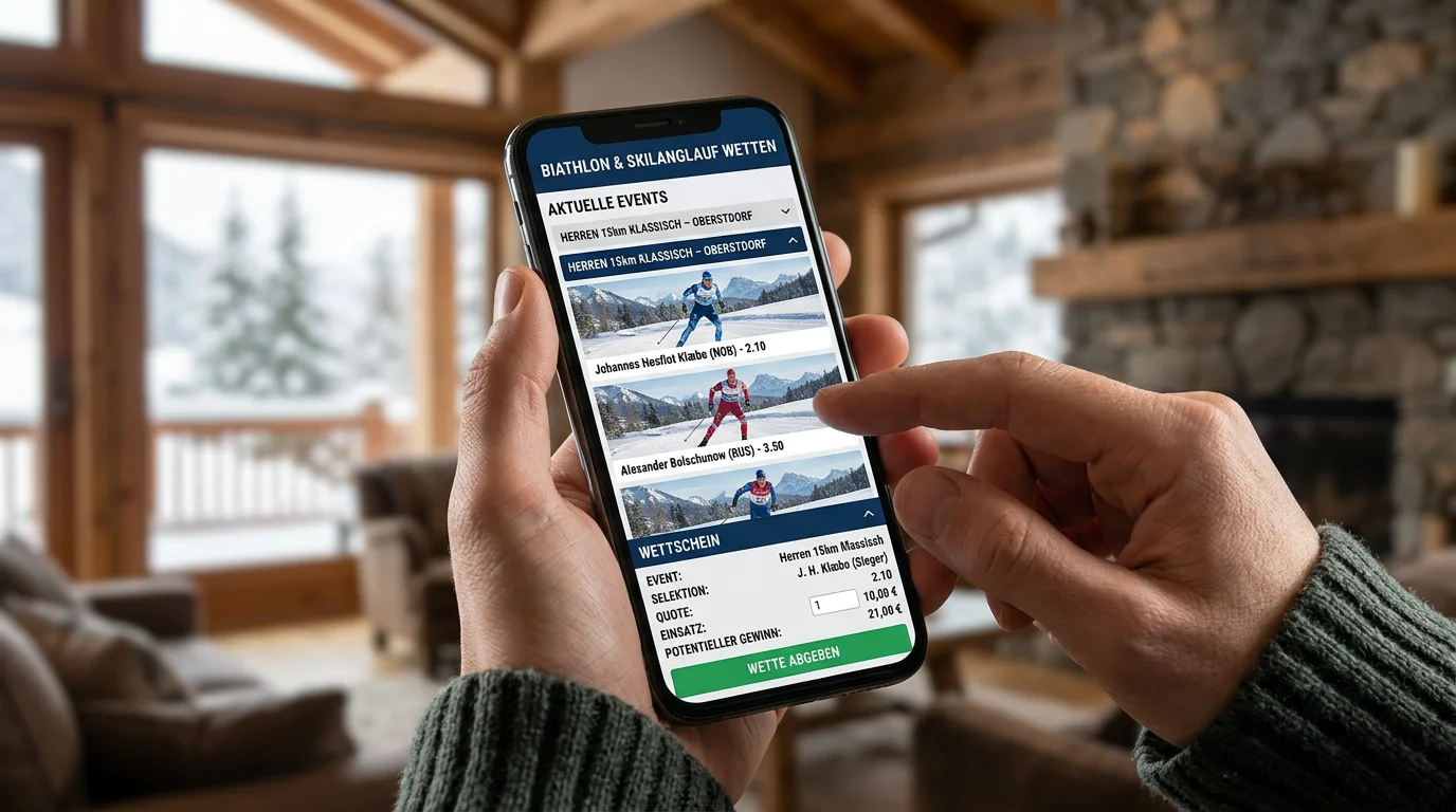 Wettschein für eine Langlauf-Siegwette auf einem Smartphone-Display