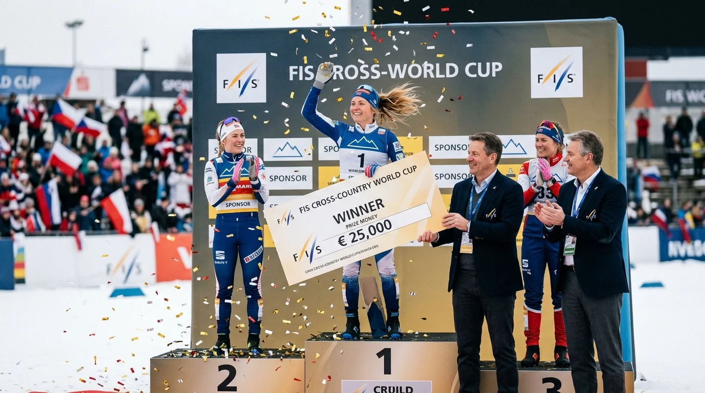 Preisverleihung bei einem FIS-Langlauf-Weltcup-Rennen mit Siegprämie