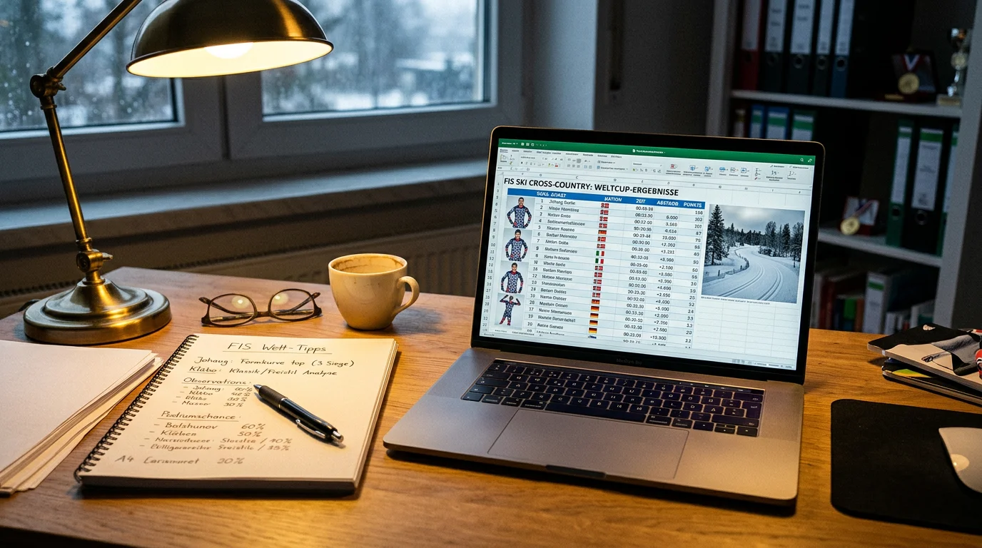 FIS-Ergebnislisten auf einem Laptop zur Recherche vor der ersten Langlauf-Wette