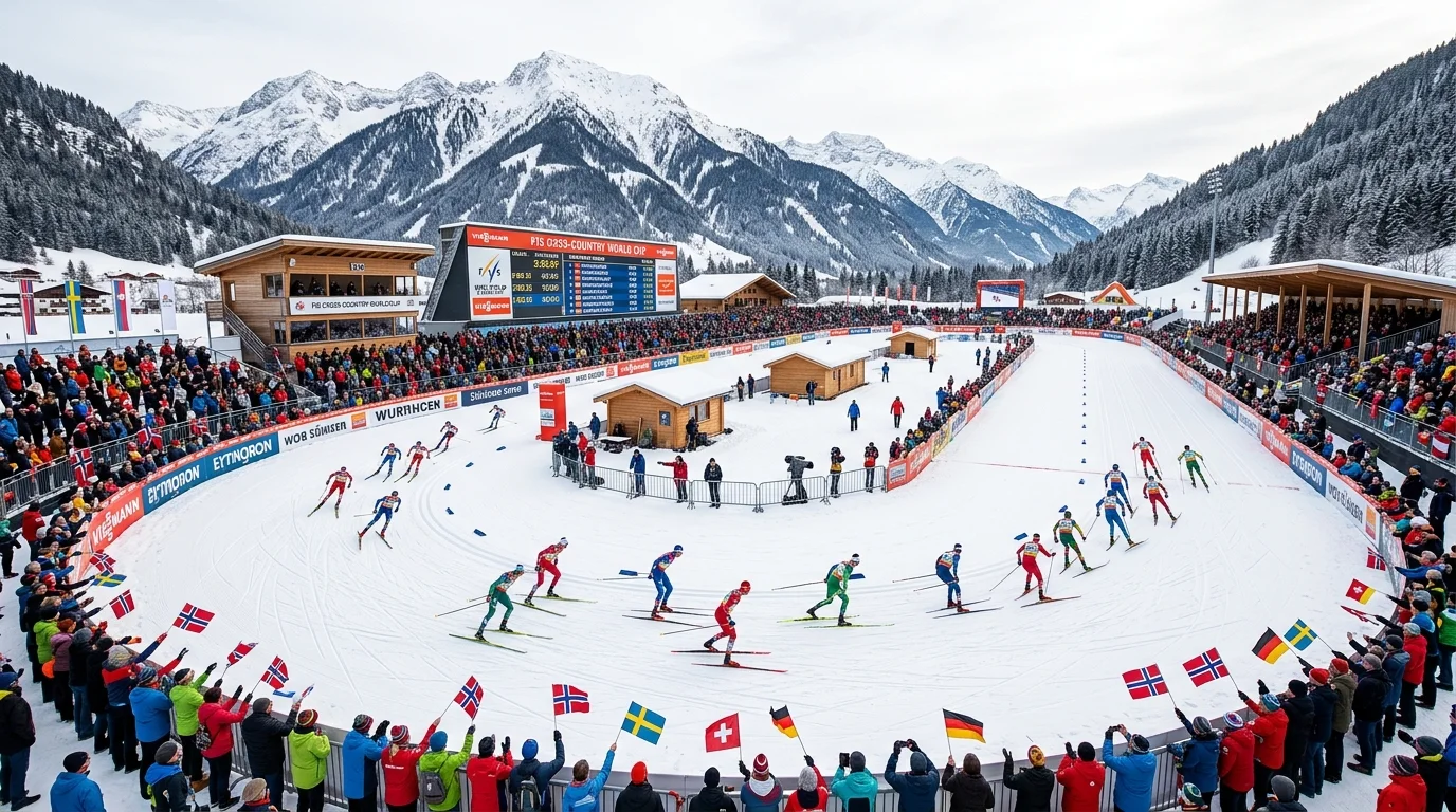 Langlauf-Stadion während eines FIS-Weltcup-Rennens mit Zuschauern und Athleten