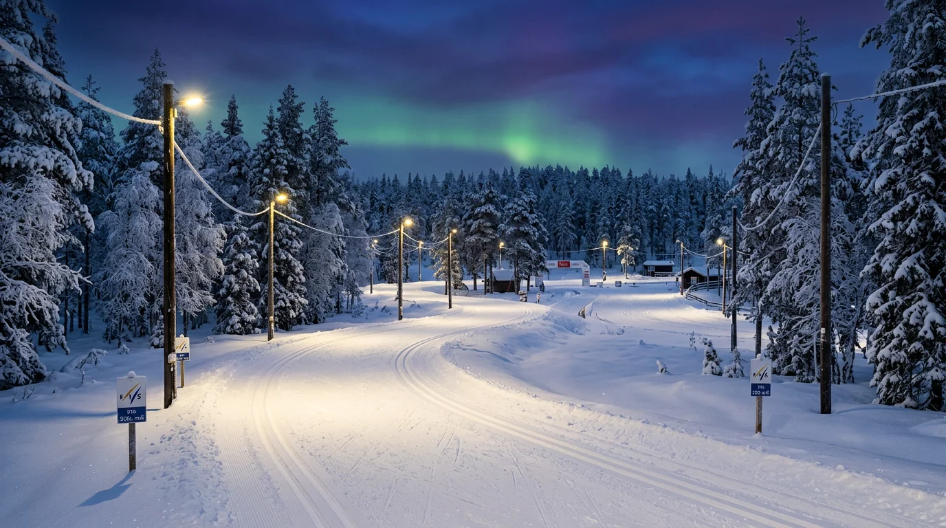 Verschneite FIS-Weltcup-Strecke in Ruka, Finnland, beim Saisonauftakt