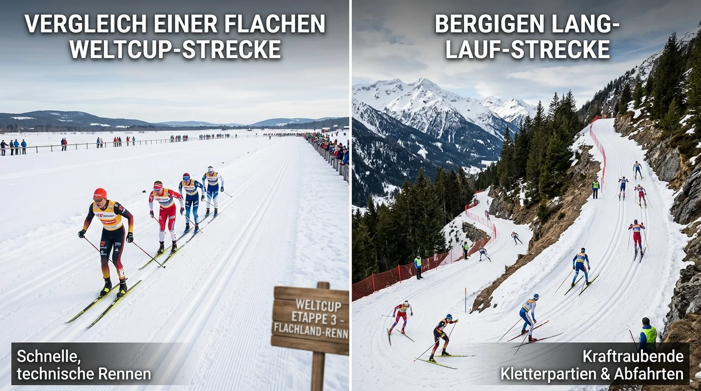 Vergleich einer flachen und bergigen Langlauf-Strecke im Weltcup