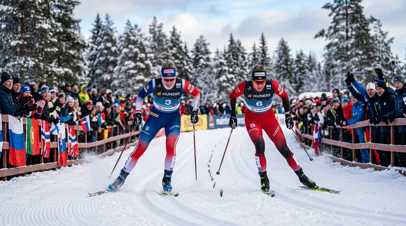 Zwei Langläufer im direkten Duell auf der Loipe bei einem Weltcup-Sprint