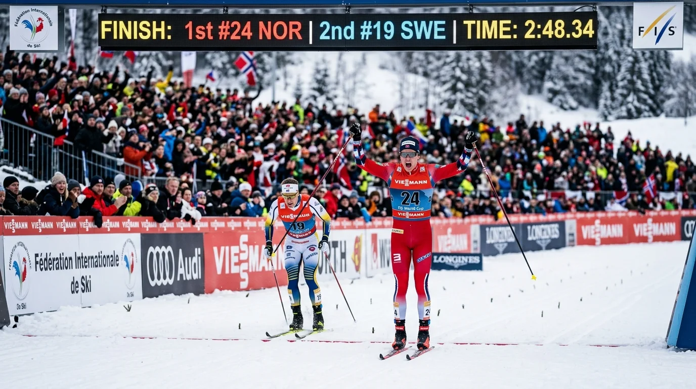 Zieleinlauf bei einem Skilanglauf-Weltcup-Rennen mit knappem Ergebnis