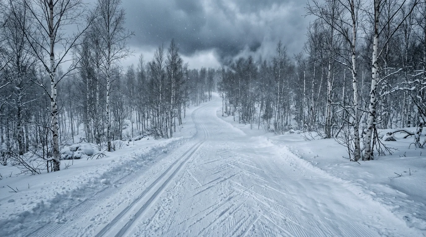 Langlauf-Strecke bei wechselnden Wetterbedingungen mit Schneefall und Wind