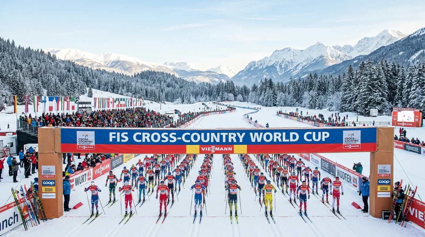 FIS Langlauf Weltcup Saison 2025/26 mit verschneiter Wettkampfstrecke und Starterfeld