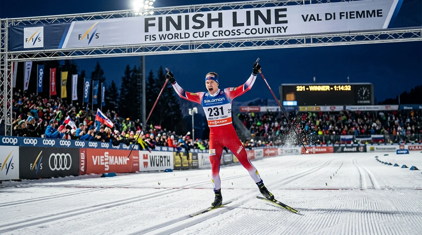 Langläufer beim Zieleinlauf eines Weltcup-Rennens auf verschneiter Strecke