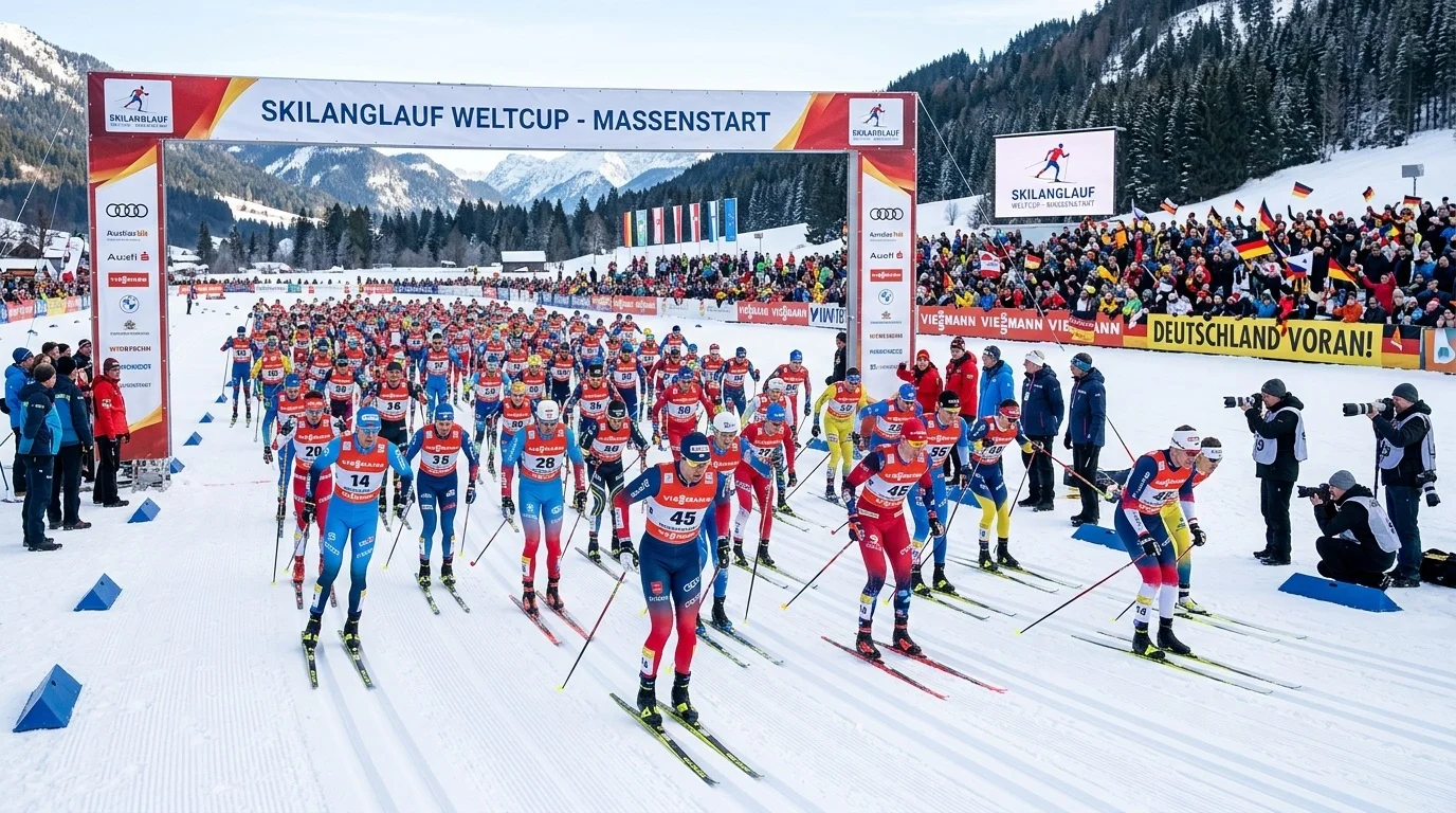 Massenstart eines Langlauf-Rennens mit dichtem Teilnehmerfeld