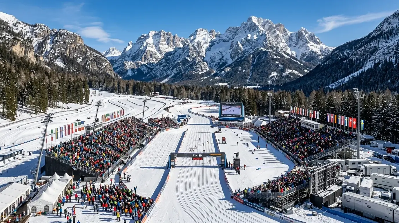 Olympisches Langlauf-Stadion bei den Winterspielen mit Athleten auf der Strecke