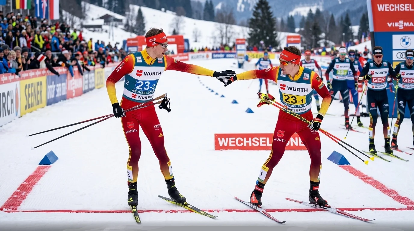 Wechselzone bei einem Langlauf-Staffelrennen im Weltcup