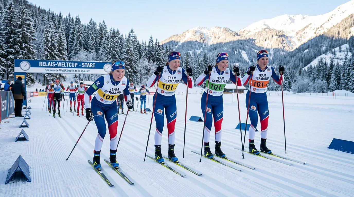 Vier Staffelläufer eines Teams beim Langlauf-Staffelrennen