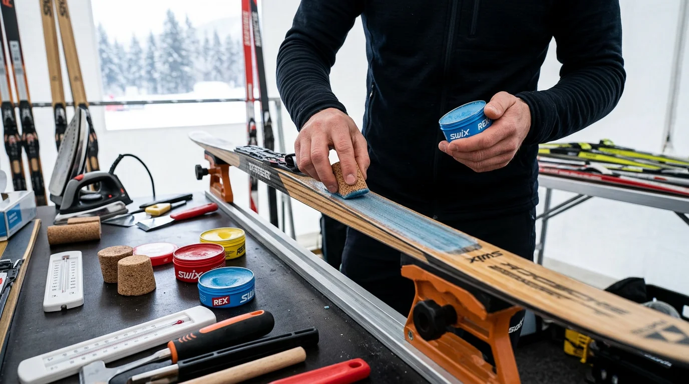 Ski-Vorbereitung mit Steigwachs für ein klassisches Langlauf-Rennen