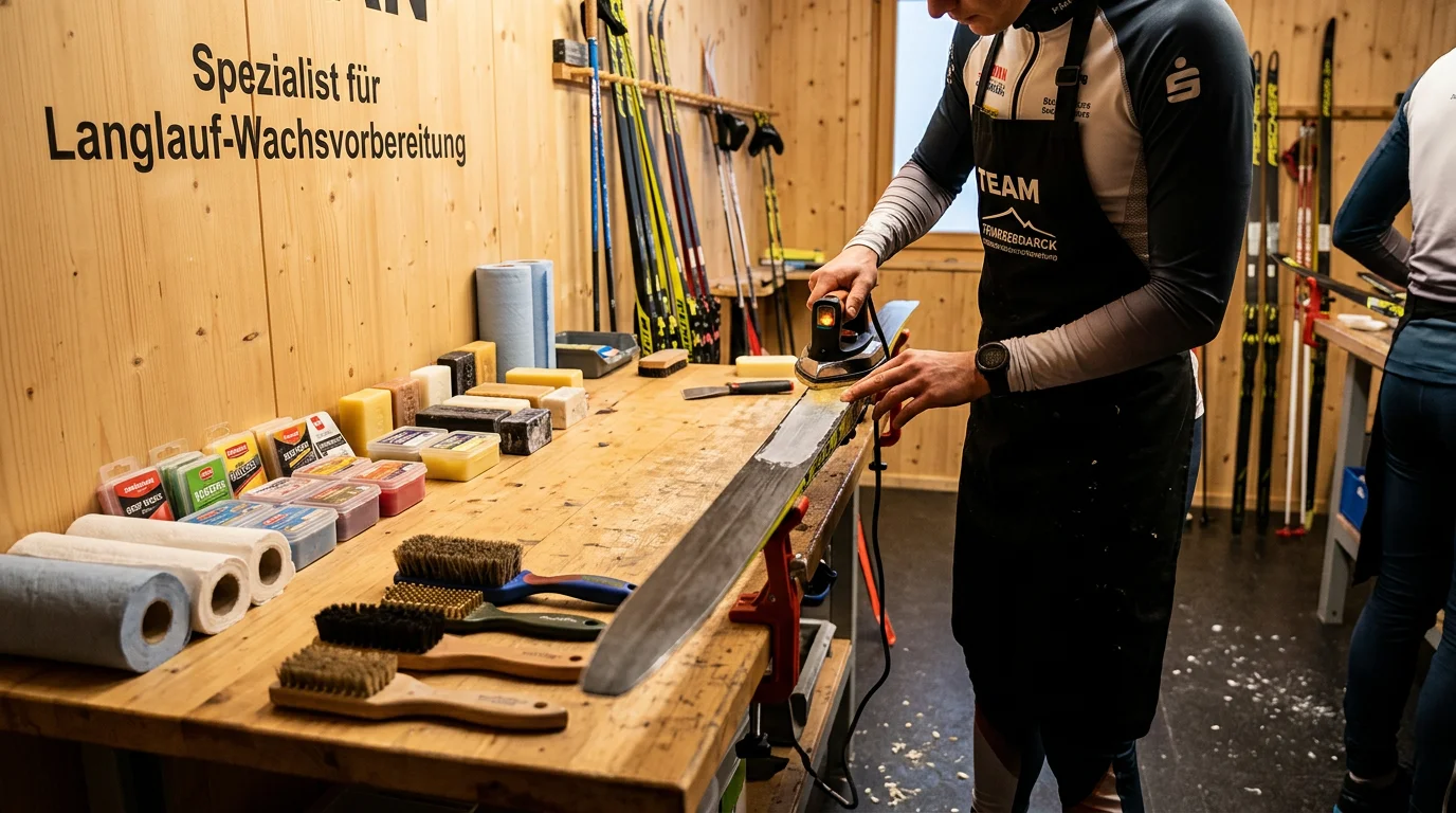 Skiwachs-Vorbereitung im Wachsraum eines Langlauf-Teams