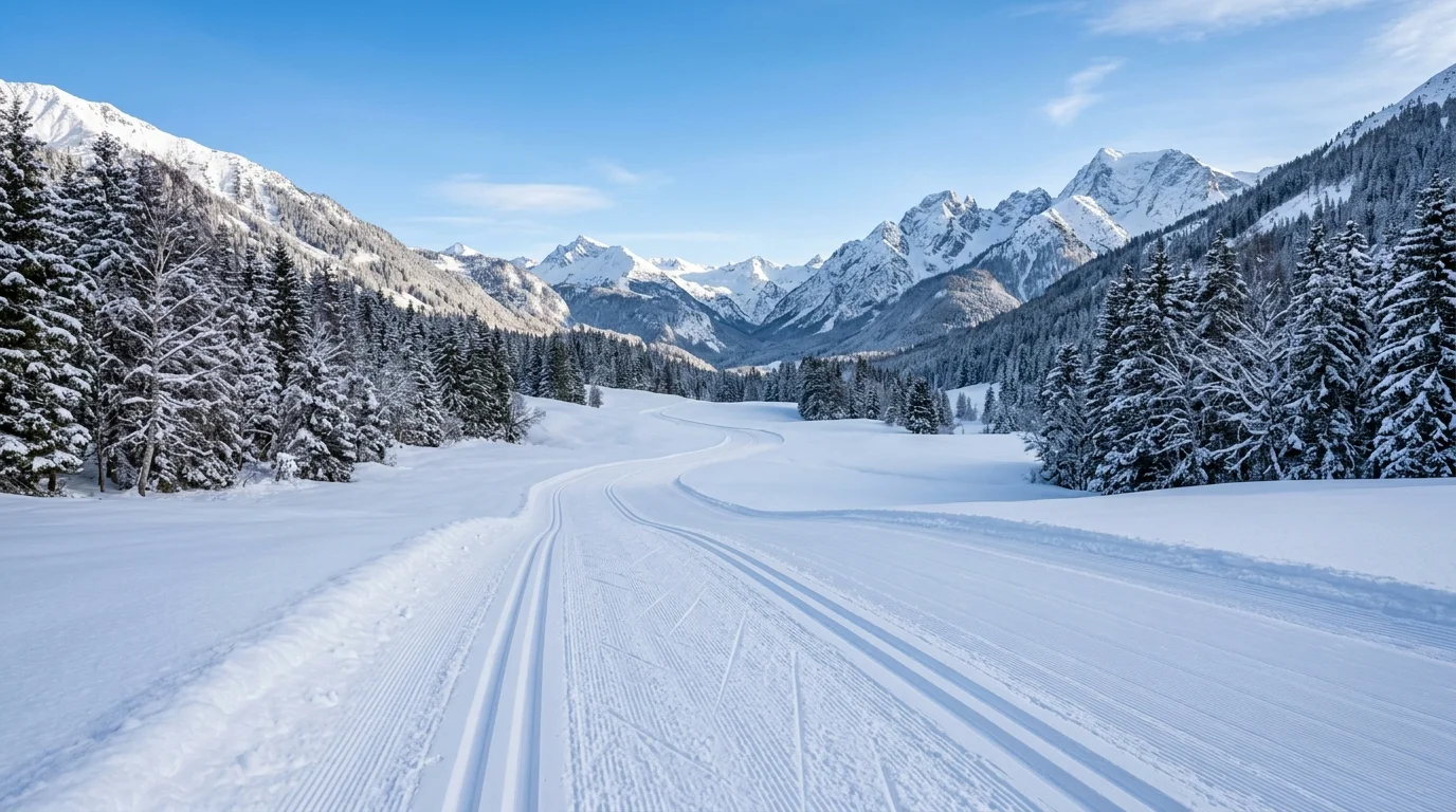 Verschneite Langlauf-Loipe in einer Winterlandschaft mit frischen Skispuren