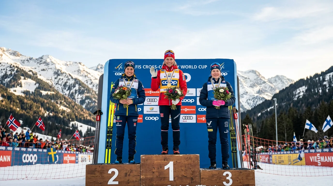 Siegerehrung mit Top-3-Platzierungen bei einem Langlauf-Weltcup