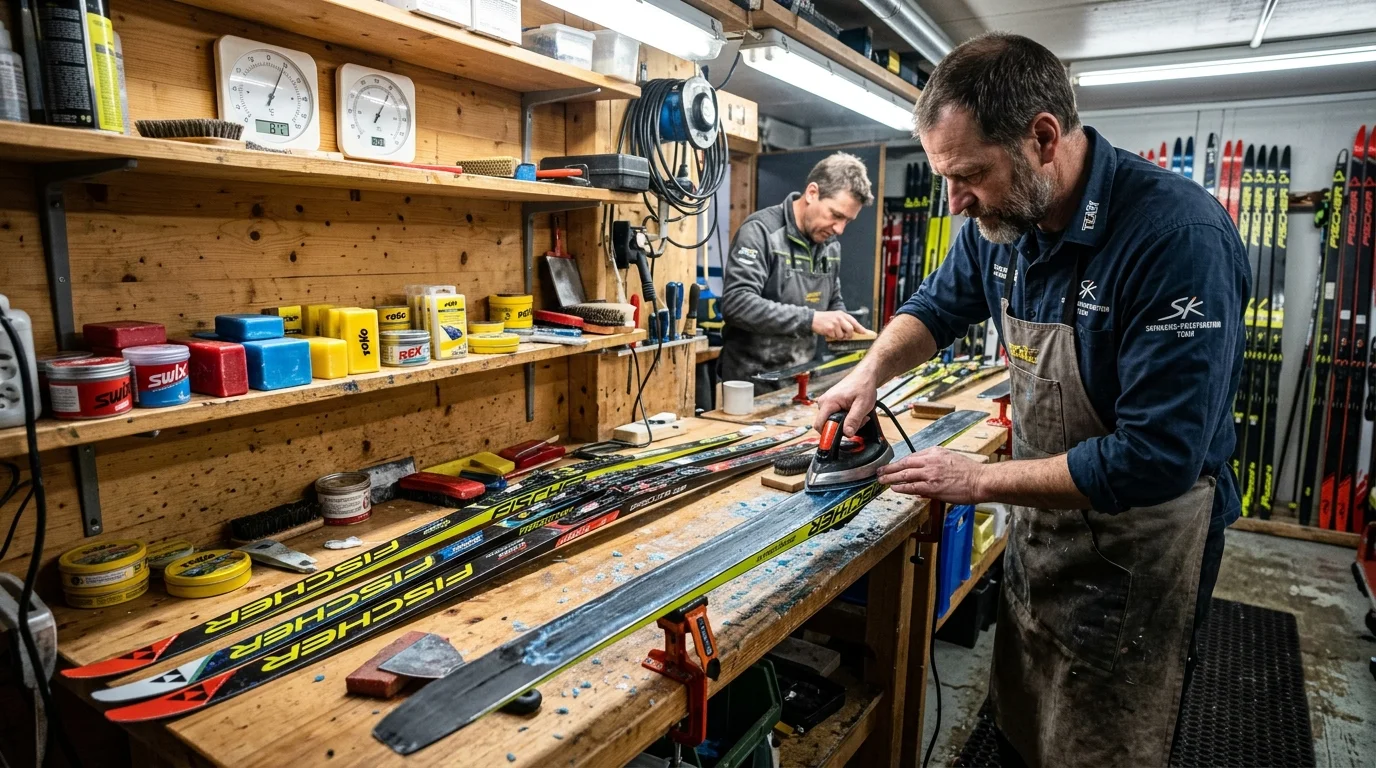 Wachsteam bei der Ski-Präparation vor einem Langlauf-Rennen mit verschiedenen Wachssorten