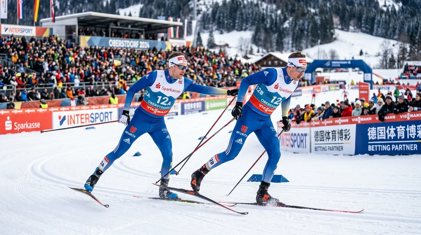 Teamsprint-Duo bei koordiniertem Wechsel auf der Langlauf-Strecke