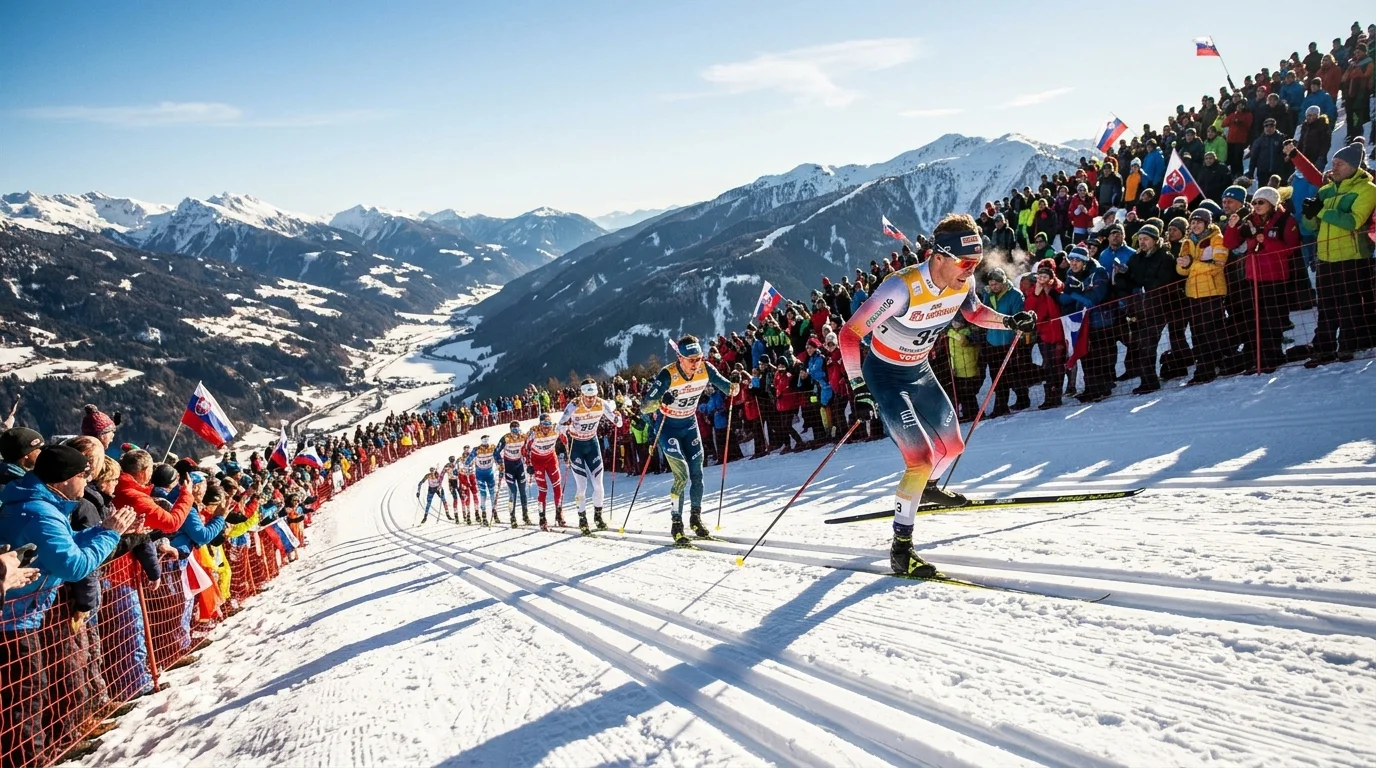 Berganstieg der Alpe Cermis beim Tour-de-Ski-Finale mit Langläufern