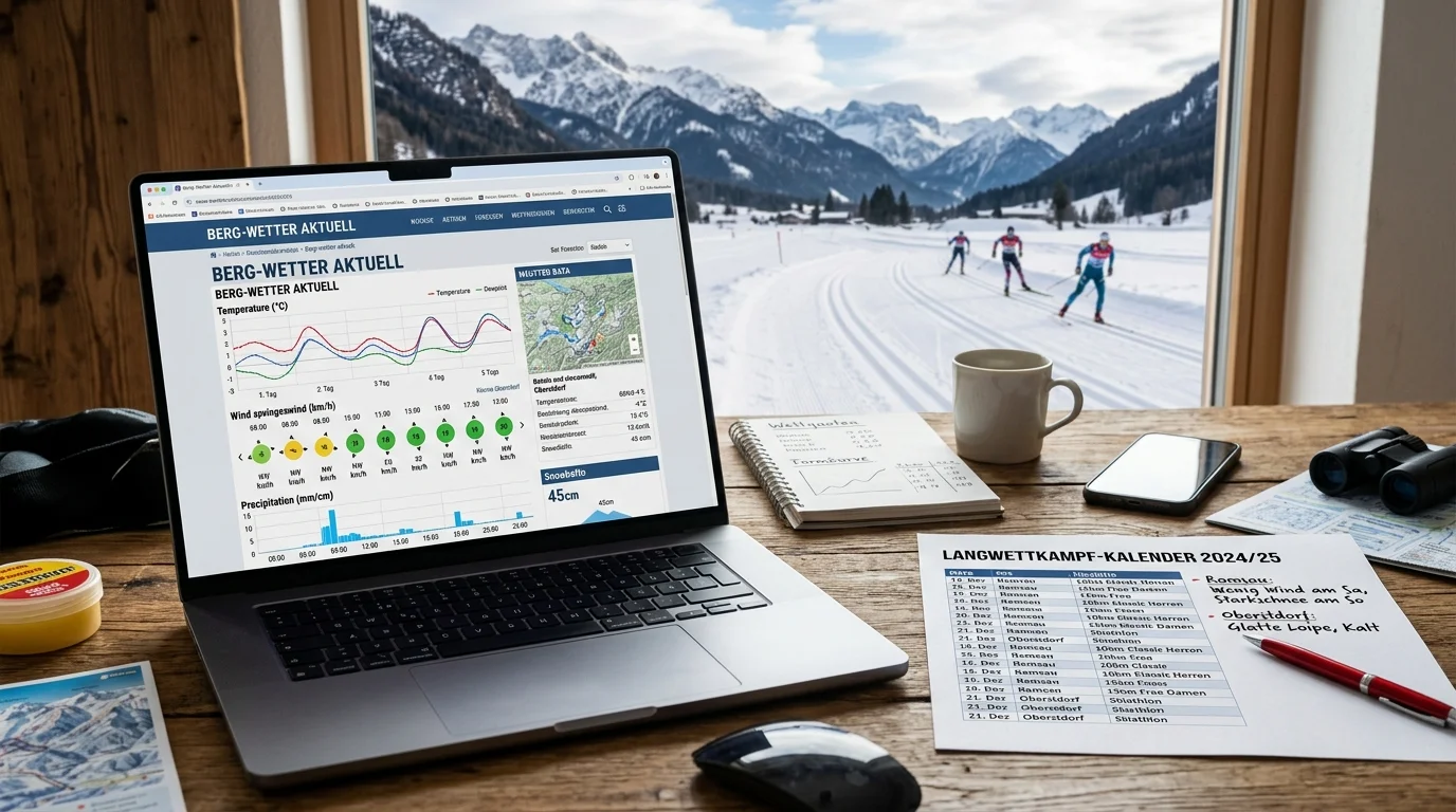 Wetterdaten-Quellen auf einem Laptop zur Langlauf-Wettanalyse