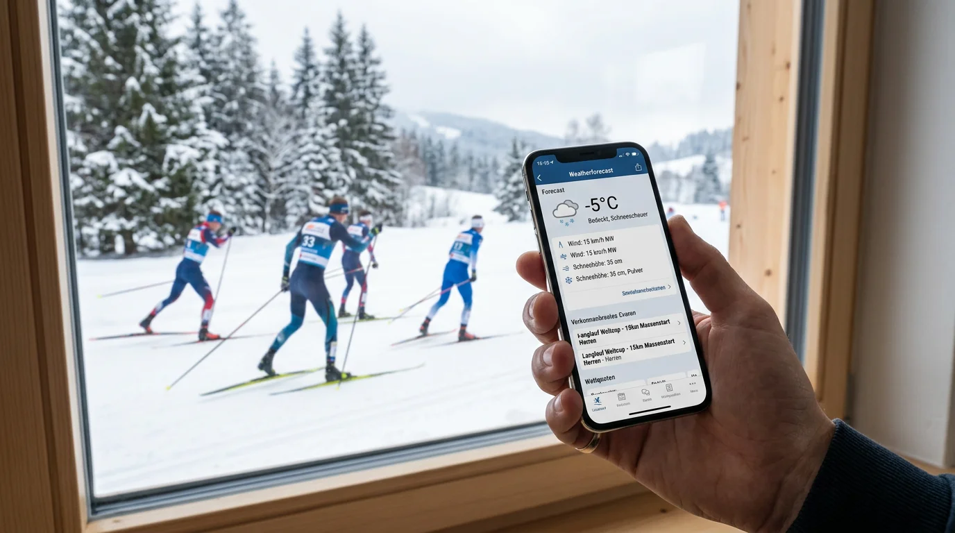 Wettervorhersage auf dem Smartphone vor einem Langlauf-Rennen prüfen